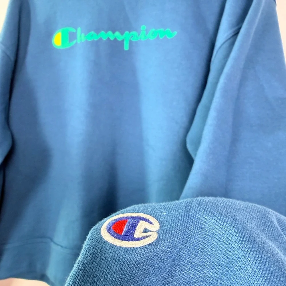 Champion Crewneck Sweatshirt Blue Green Logo Fleece‎ GF535 Mens Medium